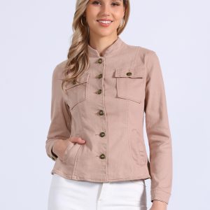 Casual Denim Classic Stand Collar Long Sleeve Jean Jacket Pink/XL - Allegra K catalog