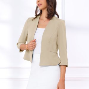Open Front Collarless 3/4 Sleeve Peplum Cropped Jacket Apricot/XS - Allegra K catalog