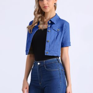 Casual Lapel Short Sleeve Crop Top Jean Denim Jacket Royal Blue/M - Allegra K catalog
