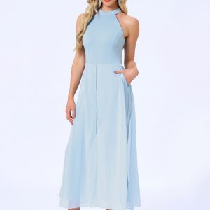 Sleeveless Halter Neck Belted Elegant Wedding Cocktail Dressy Jumpsuits Light Blue/XL - Allegra K catalog