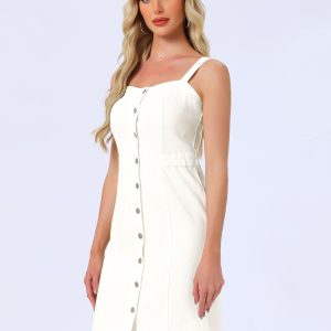 Button Down Denim Sleeveless Sweetheart Neck Jeans Dress Cream White/S - Allegra K catalog