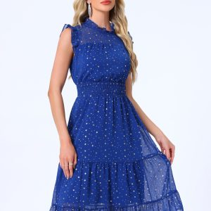 Chiffon Sleeveless Smocked Waist Gilding Metallic Stars Party Dress Royal Blue/XS - Allegra K catalog