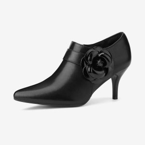 Flower Decor Pointed Toe Side Zip Stiletto Heels Ankle Booties Black/8.5 - Allegra K catalog