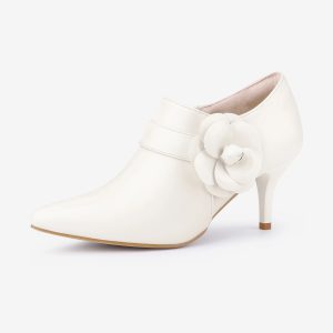 Flower Decor Pointed Toe Side Zip Stiletto Heels Ankle Booties Milky White/8 - Allegra K catalog