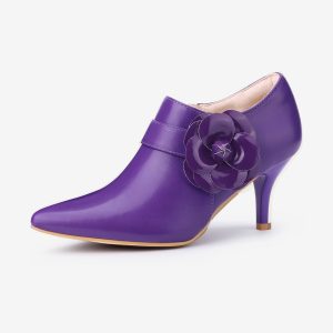 Flower Decor Pointed Toe Side Zip Stiletto Heels Ankle Booties Purple/7 - Allegra K catalog