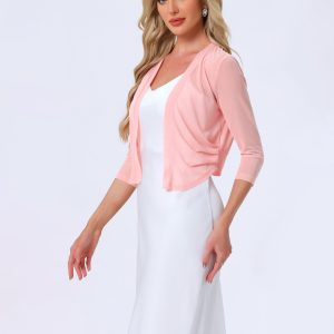 Chiffon 3/4 Sleeve Open Front Bolero Mesh Sheer Shrug Pink/M - Allegra K catalog
