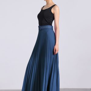 Flowy Pleated Elastic High Waist Belted Swing A-line Maxi Skirt Navy Blue/2XL - Allegra K catalog