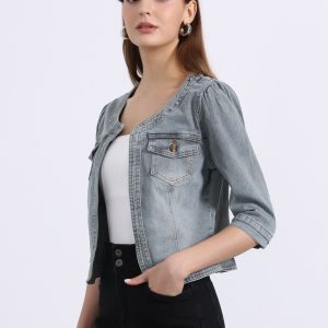 Denim Collarless Pockets 3/4 Sleeve Feminine Style Jacket Gray/M - Allegra K catalog