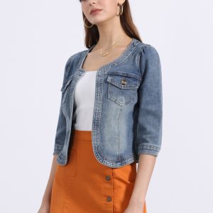 Denim Collarless Pockets 3/4 Sleeve Feminine Style Jacket Washed Blue/S - Allegra K catalog