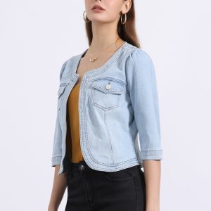 Denim Collarless Pockets 3/4 Sleeve Feminine Style Jacket Sky Blue/L - Allegra K catalog
