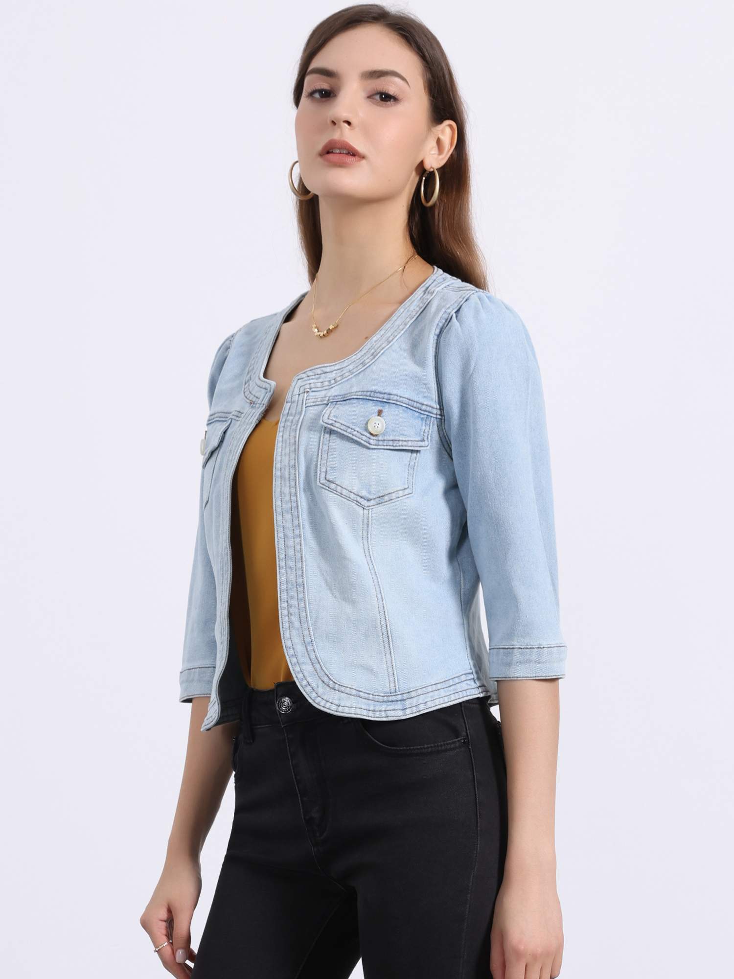 Denim Collarless Pockets 3/4 Sleeve Feminine Style Jacket Sky Blue/L - Allegra K catalog