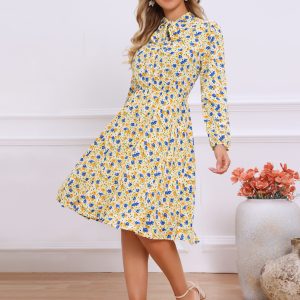 Tie Neck Chiffon Long Sleeve Belted Vintage Floral Dress Brown/XS - Allegra K catalog