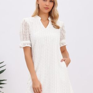 Eyelet Short Sleeve Notch Neck Pockets Mini Dress White/L - Allegra K catalog