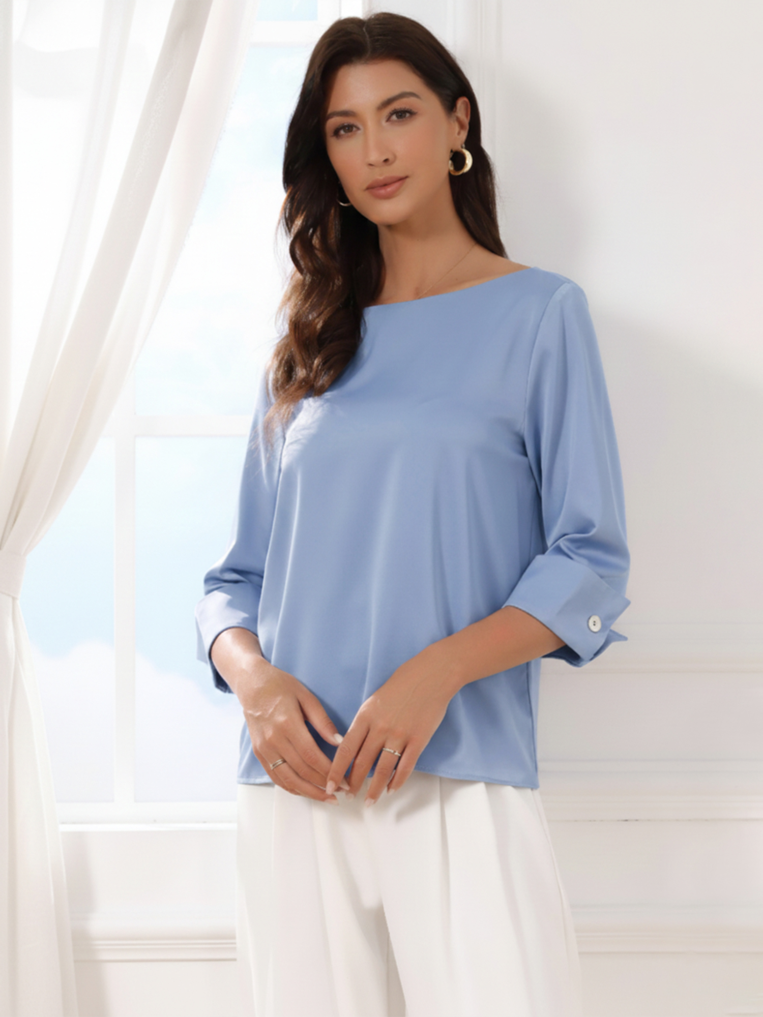 Dressy Casual Boat Neck 3/4 Sleeve Work Satin Blouse Blue/M - Allegra K catalog