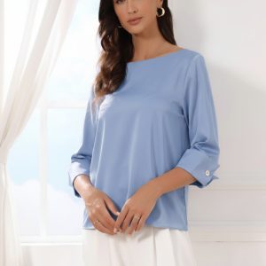 Dressy Casual Boat Neck 3/4 Sleeve Work Satin Blouse Blue/L - Allegra K catalog