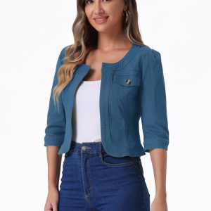 Denim Collarless Pockets 3/4 Sleeve Feminine Style Jacket Peacock Blue/XL - Allegra K catalog