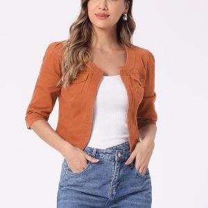 Denim Collarless Pockets 3/4 Sleeve Feminine Style Jacket Orange/M - Allegra K catalog