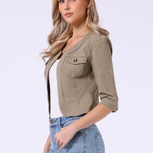 Denim Collarless Pockets 3/4 Sleeve Feminine Style Jacket Khaki Brown/S - Allegra K catalog