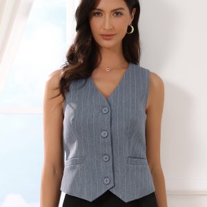 Striped V Neck Sleeveless Button Down Pocketed Fully Lined Waistcoat Vest Grey/M - Allegra K catalog