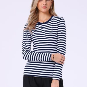 Striped Long Sleeve Crew Neck Casual Tops Navy Blue Stripe/L - Allegra K catalog