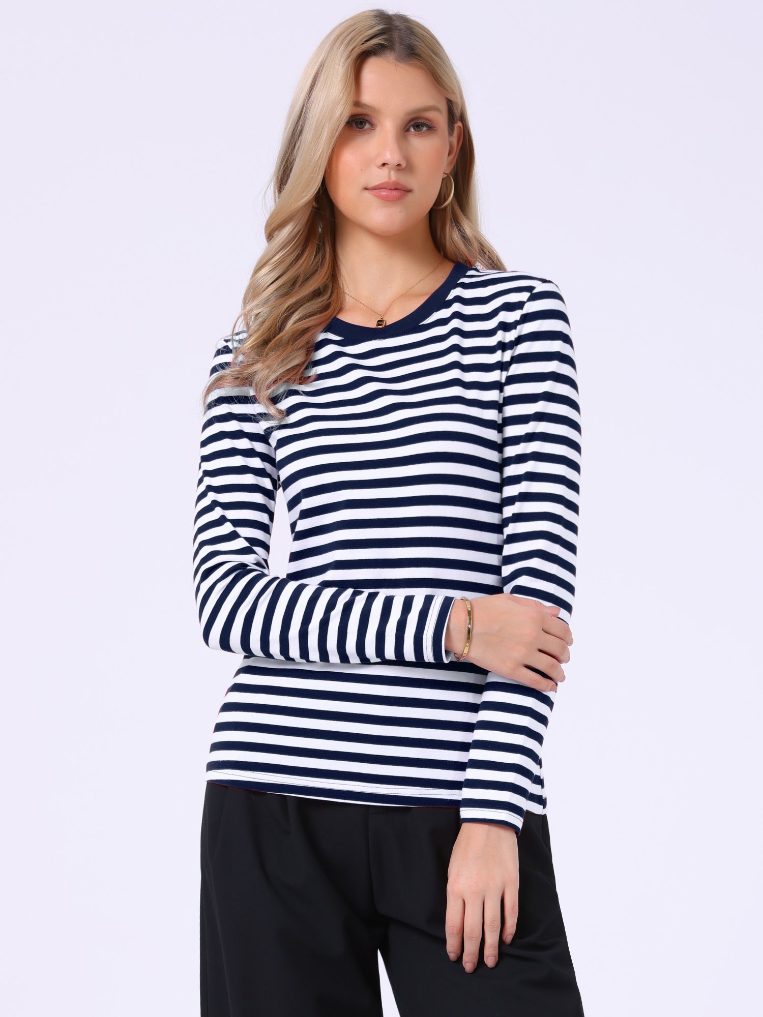Striped Long Sleeve Crew Neck Casual Tops Navy Blue Stripe/XL - Allegra K catalog