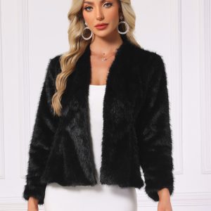 Faux Fur Long Sleeve Open Front Wedding Fluffy Coat Black/M - Allegra K catalog