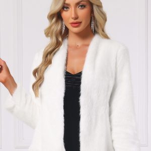 Faux Fur Long Sleeve Open Front Wedding Fluffy Coat White/XL - Allegra K catalog