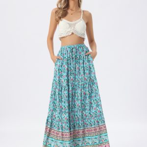 Boho Casual Bohemian Floral Printed Elastic Waist Maxi Skirt Turquoise Blue/XL - Allegra K catalog