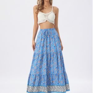 Boho Casual Bohemian Floral Printed Elastic Waist Maxi Skirt Sky Blue/S - Allegra K catalog
