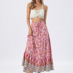 Boho Casual Bohemian Floral Printed Elastic Waist Maxi Skirt Dark Pink/M - Allegra K catalog