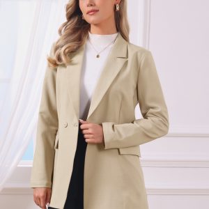 Long Sleeve Collared Business Casual Belted Work Blazer Khaki/M - Allegra K catalog