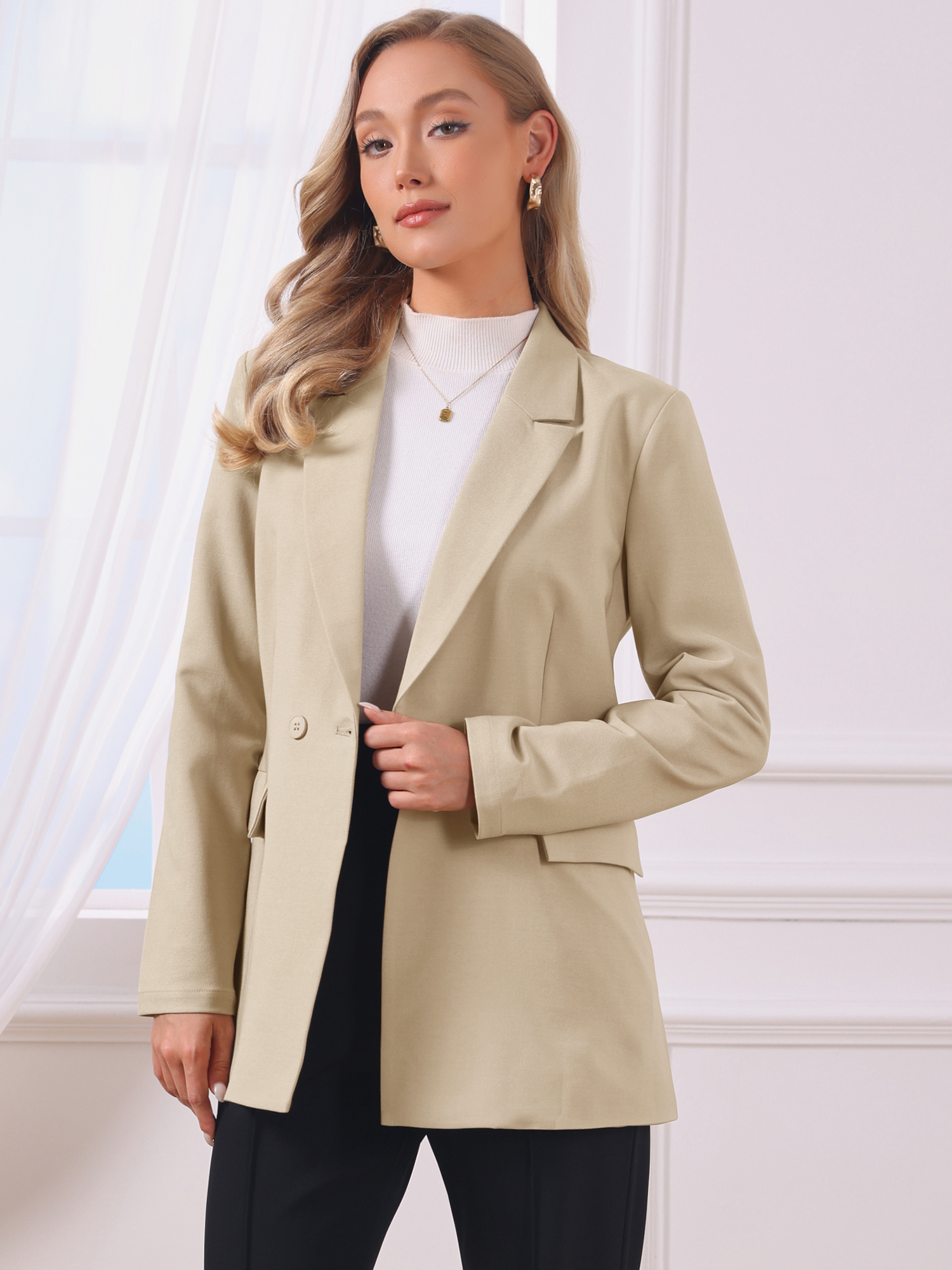 Long Sleeve Collared Business Casual Belted Work Blazer Khaki/L - Allegra K catalog