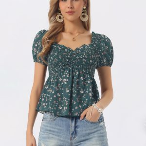 Puff Short Sleeve Floral Shirred Ruffle Peplum Blouse Dark Green/L - Allegra K catalog