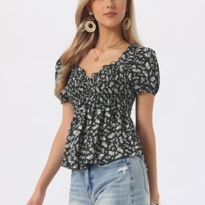 Puff Short Sleeve Floral Shirred Ruffle Peplum Blouse Black Floral/XL - Allegra K catalog