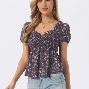 Puff Short Sleeve Floral Shirred Ruffle Peplum Blouse Coffee/XL - Allegra K catalog