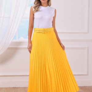 Flowy Pleated Elastic High Waist Belted Swing A-line Maxi Skirt Yellowish Orange/L - Allegra K catalog