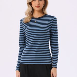 Striped Long Sleeve Crew Neck Casual Tops Black Blue Stripe/M - Allegra K catalog