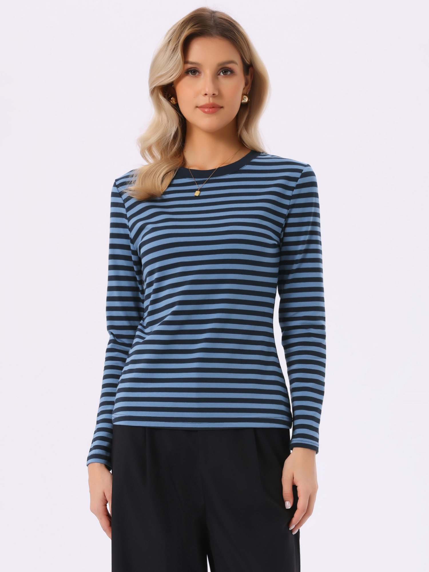 Striped Long Sleeve Crew Neck Casual Tops Black Blue Stripe/M - Allegra K catalog