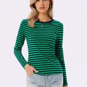 Striped Long Sleeve Crew Neck Casual Tops Green Striped/M - Allegra K catalog