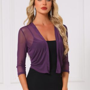 Chiffon 3/4 Sleeve Open Front Bolero Mesh Sheer Shrug Dark Purple/S - Allegra K catalog