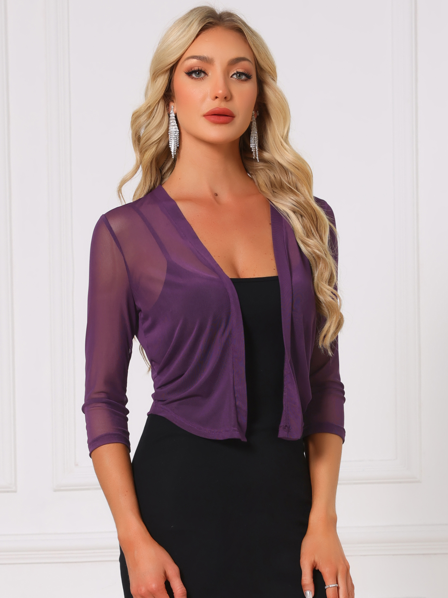 Chiffon 3/4 Sleeve Open Front Bolero Mesh Sheer Shrug Dark Purple/S - Allegra K catalog