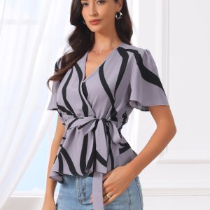Printed V Neck Elastic Waist Belt Ruffle Peplum Blouse Dusty Purple/L - Allegra K catalog