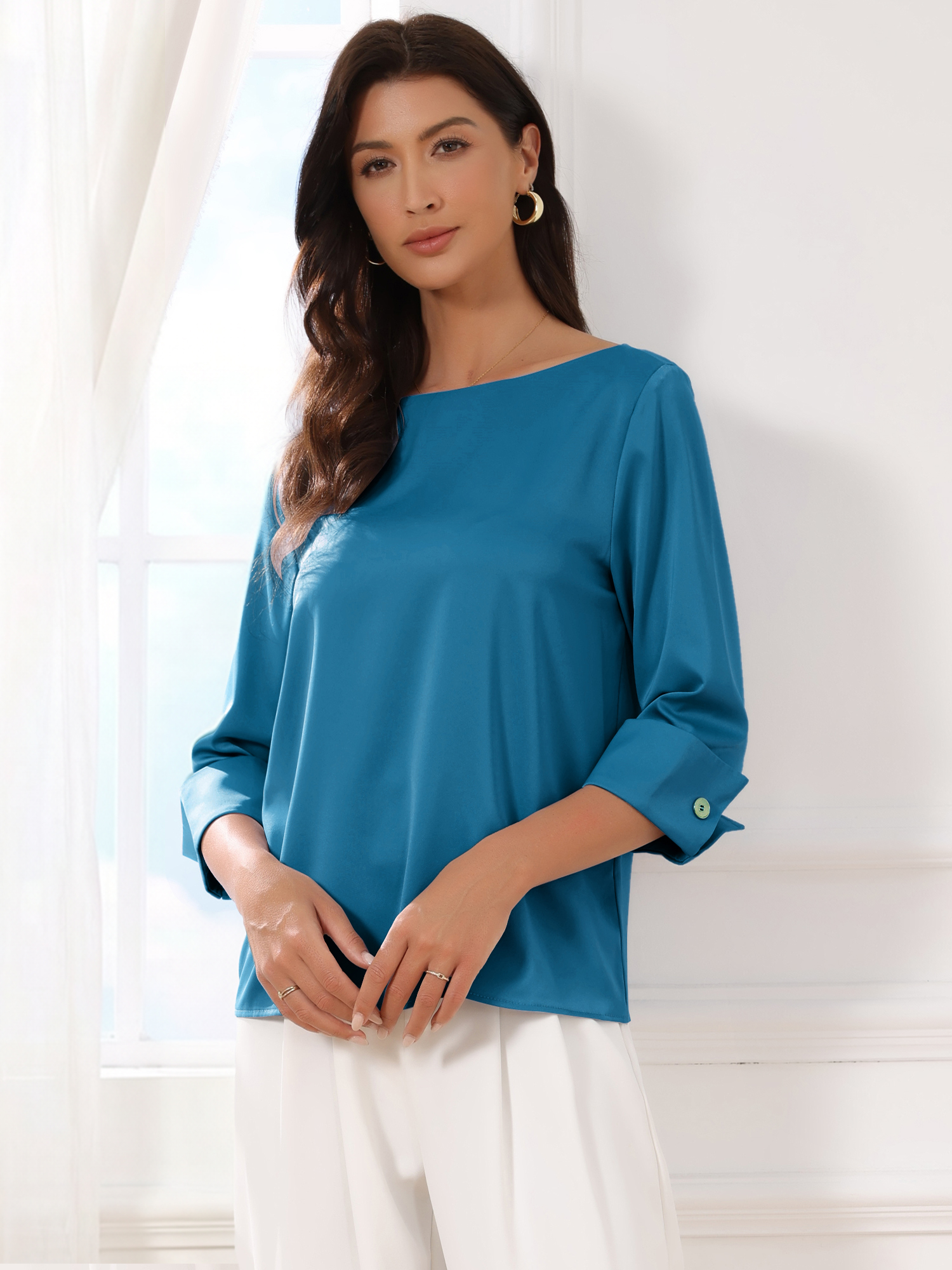 Dressy Casual Boat Neck 3/4 Sleeve Work Satin Blouse Peacock Blue/S - Allegra K catalog