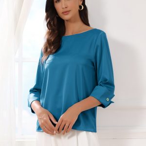 Dressy Casual Boat Neck 3/4 Sleeve Work Satin Blouse Peacock Blue/M - Allegra K catalog