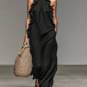 Cotton And Linen Casual Plain Peplum Halter Neck Maxi Dress, Maxi Dresses, color:Black|size:XXL, Stylewe