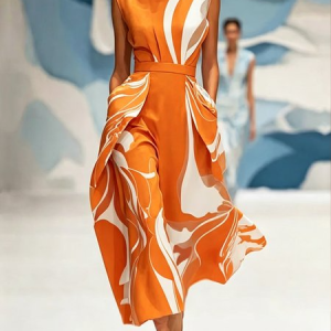 Elegant Abstract Printing Stand Collar Midi Dress, Maxi Dresses, color:Orange|size:XXL, Stylewe