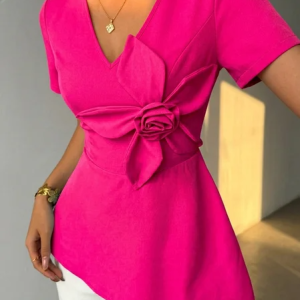Urban Plain 3D Floral V Neck T-shirt, Tees, color:Berry Pink|size:XXL, Stylewe