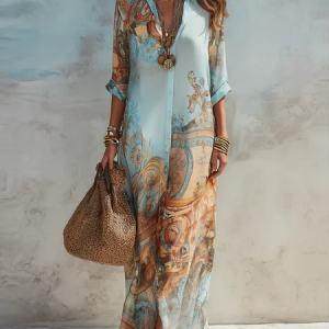 Casual Random Print Printing Shirt Collar Maxi Dress, Maxi Dresses, color:Blue|size:XXL, Stylewe