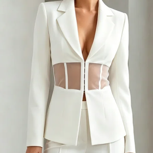 Urban Hollow Out Plain Lapel Collar Blazer, Blazers, color:White|size:XXL, Stylewe