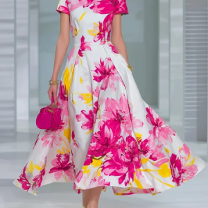 Elegant Floral Printing Mock Neck Maxi Dress, Maxi Dresses, color:Pink|size:XXL, Stylewe